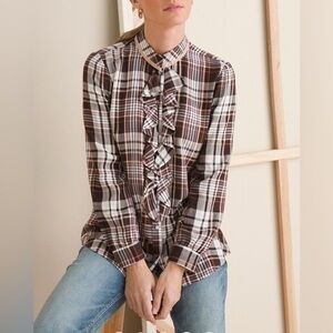 Chico's Plaid Ruffle Blouse - Brown and White